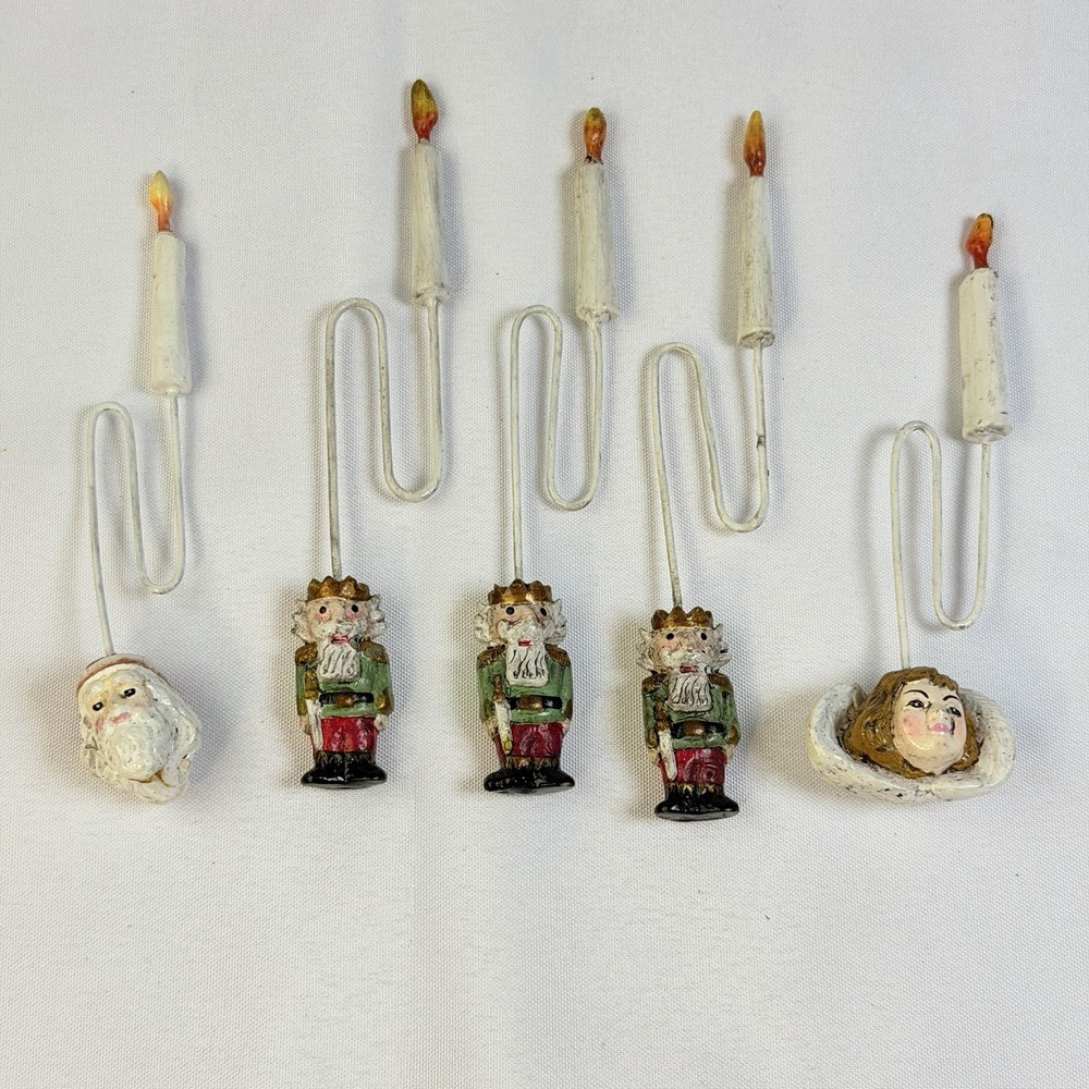 5 Vintage Candle Tree Hanger Christmas Ornaments Santa Holiday Soldier Cottage